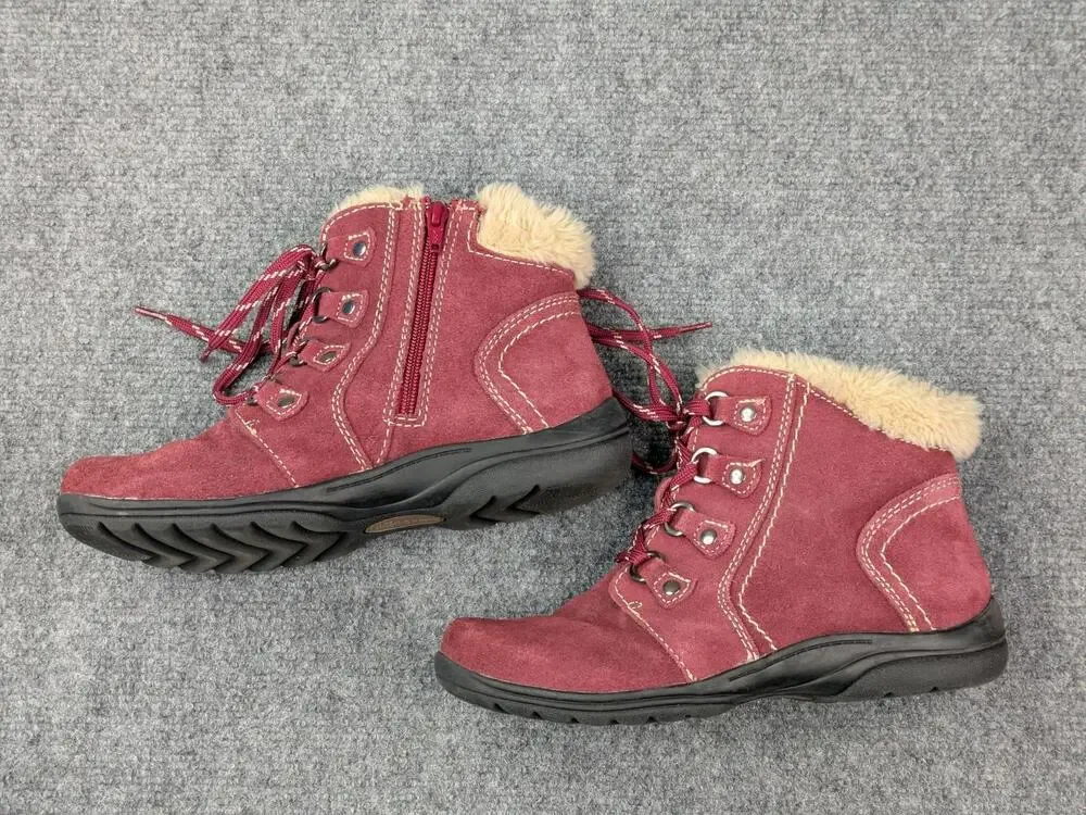 Earth Origins Boots Womens 8 Red Crowley Leather Faux Fur Ankle Zip Lace Up
